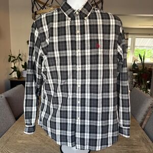US Polo Assn Mens Medium Black White Plaid Button Down Long Sleeve Shirt Pocket